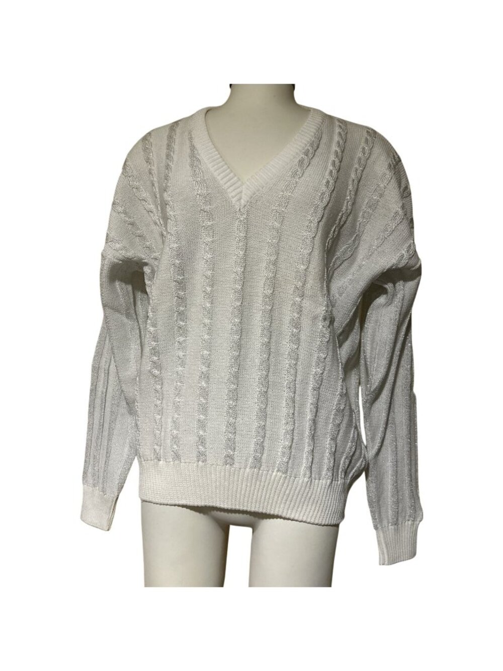VTG Ellesse Logo Cable Metallic Knit Sweater Silver White Holiday Ski Cotton S M